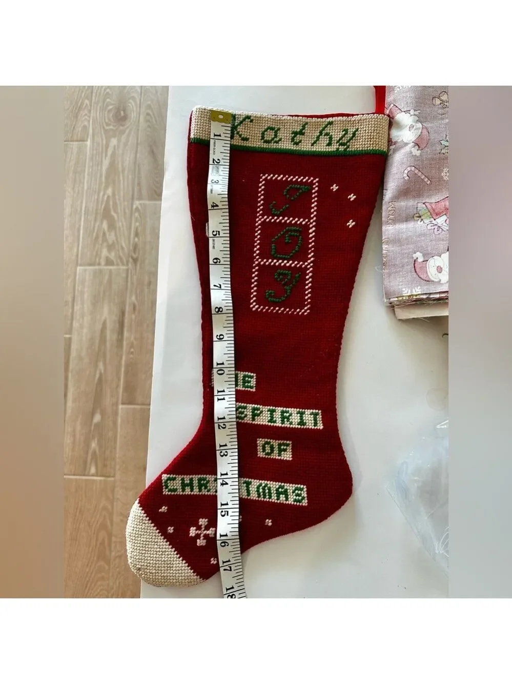 The Spirit of Christmas Red Joy Stocking for Kathy.  Cross Stitched Design Vtg